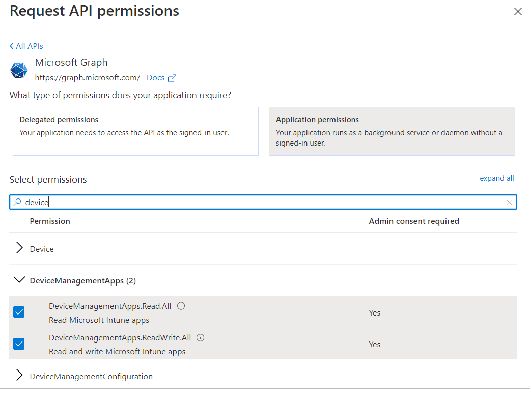Request API permissions page