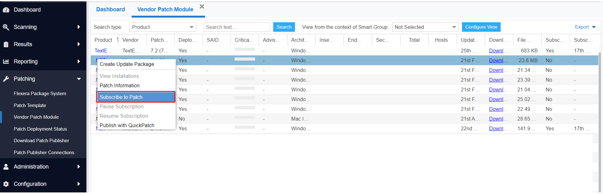 Selecting Subscribe to Patch from the Context Menu